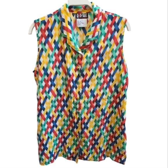 Vintage Quo-Silk 100% Silk Sleeveless Blouse in Colourful Retro Pattern - S/M - Picture 1 of 5